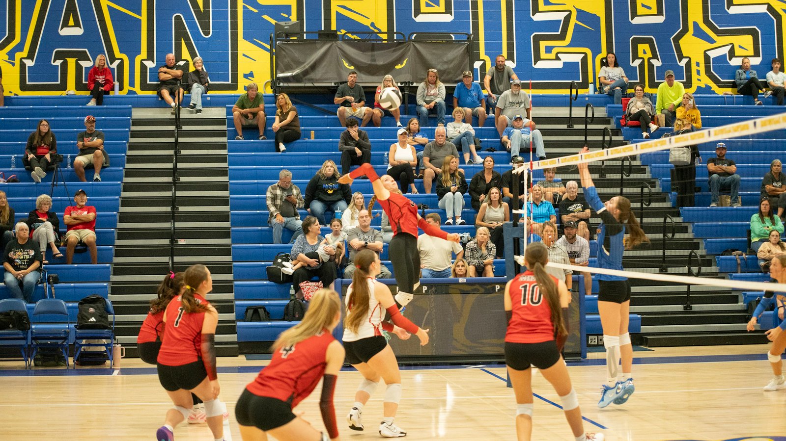 Coshocton's Mallorie Stamper jumps aloft for a kill against Maysville.